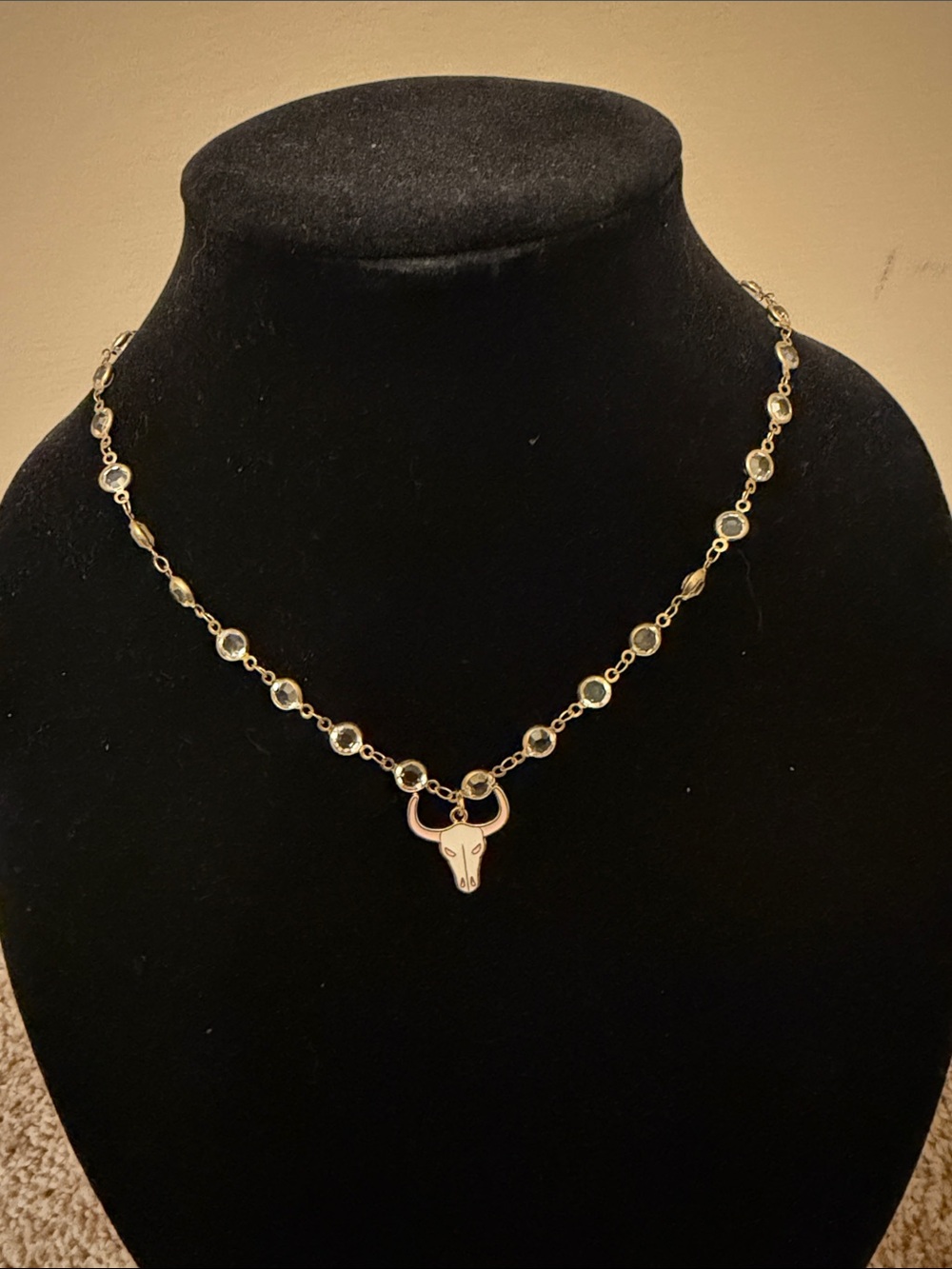 Gold Crystal Station Necklace with Bull Head Pendant